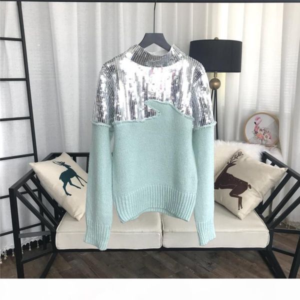 fashion-designer 2018 aqua green sequins women's sweaters blingbling sequins patchwork pullovers womens 827781, White;black
