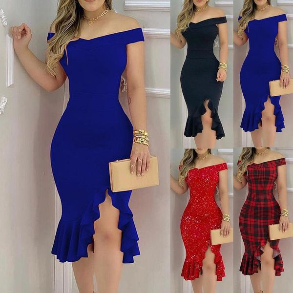 2021 women dress plus size off shoulder split ruffle solid color plaid bodycon knee-length dress for female, Black;gray
2021 women dress plus size off shoulder split ruffle solid color plaid bodycon knee-length dress for female, Black;gray