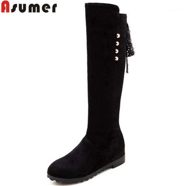 boots asumer black fashion women round toe cross tied knee high flock ladies prom height increasing shoes1
boots asumer black fashion women round toe cross tied knee high flock ladies prom height increasing shoes1