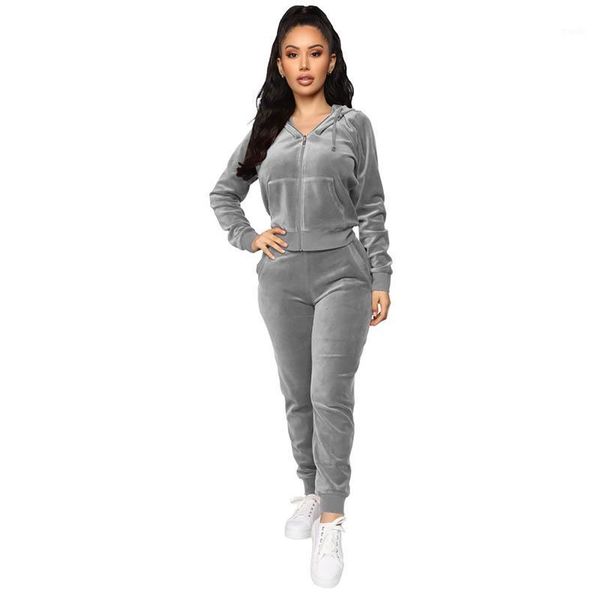 two piece dress women's casual velvet hooded zipper sweatshirt set1, White