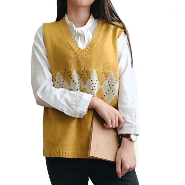 women autumn knitted sleeveless vest v-neck argyle plaid patterns sweater preppy style contrast color pullover tank, Black;white
women autumn knitted sleeveless vest v-neck argyle plaid patterns sweater preppy style contrast color pullover tank, Black;white