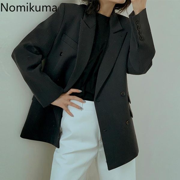 women's suits & blazers nomikuma korean double breasted suit jacket causal long sleeve notched collar blazer coat 2021 spring women 6e4, White;black 
women's suits & blazers nomikuma korean double breasted suit jacket causal long sleeve notched collar blazer coat 2021 spring women 6e4, White;black