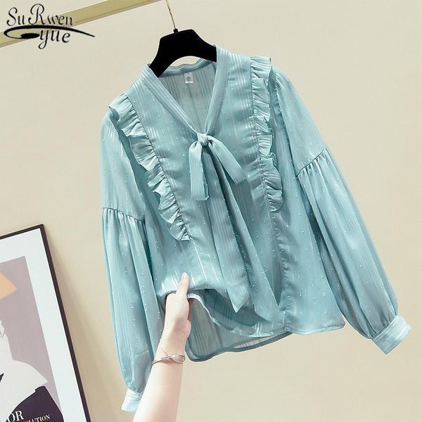 hong kong-style elegant puff long sleeve chiffon blouse bow v collar women's shirt autumn green ruffled straight pullover 11152, White
hong kong-style elegant puff long sleeve chiffon blouse bow v collar women's shirt autumn green ruffled straight pullover 11152, White