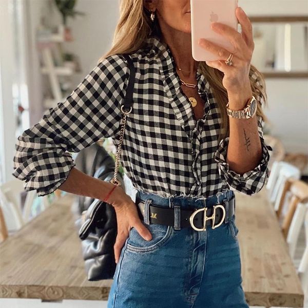 2021 new spring v neck plaid for women vintage casual ruffles long sleeve blouse work shirt female black loose office tf82, White
2021 new spring v neck plaid for women vintage casual ruffles long sleeve blouse work shirt female black loose office tf82, White