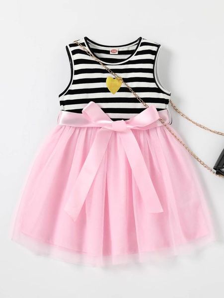 toddler girls striped & heart print mesh hem belted dress she, Red;yellow
