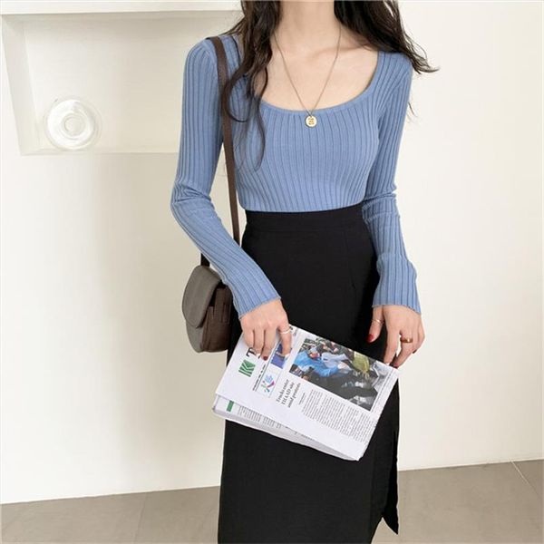 early autumn pullovers square collar elastic solid casual slimming all match slender basic sweaters, White;black
early autumn pullovers square collar elastic solid casual slimming all match slender basic sweaters, White;black