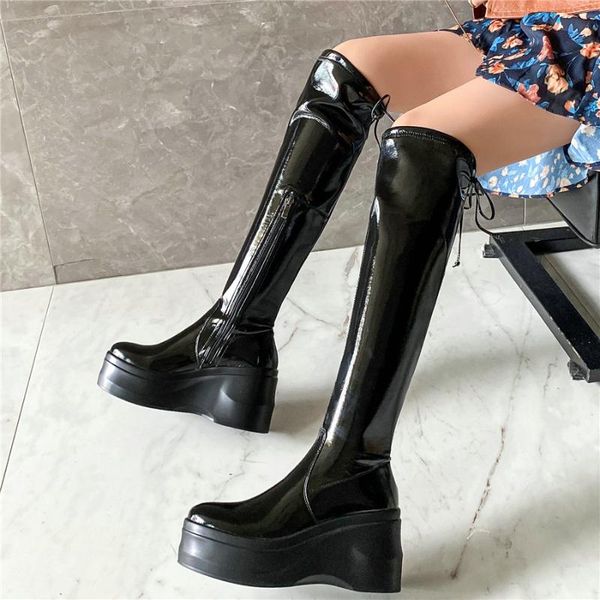 thigh high platform pumps shoes women lace up patent leather wedges knee high boots female heel round toe fashion sneakers, Black
thigh high platform pumps shoes women lace up patent leather wedges knee high boots female heel round toe fashion sneakers, Black