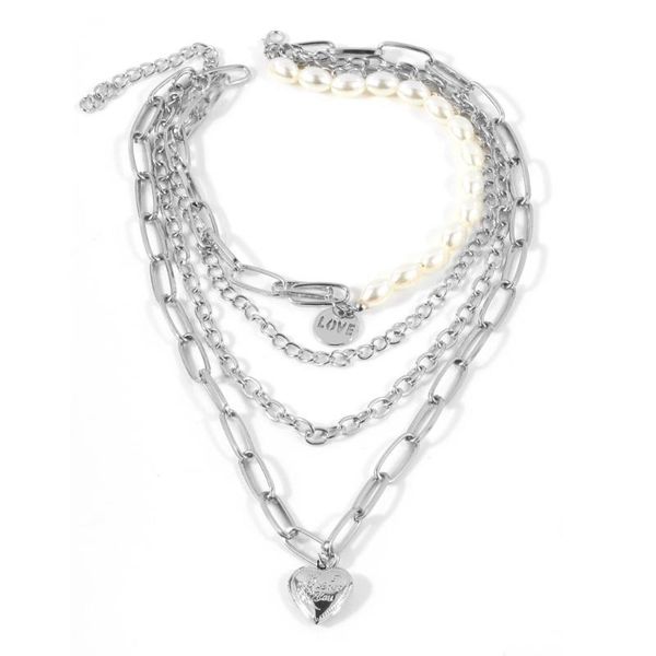 European and American cross border pearl peach heart fashion necklace popular copper multilayer sweater chain, Silver
European and American cross border pearl peach heart fashion necklace popular copper multilayer sweater chain, Silver