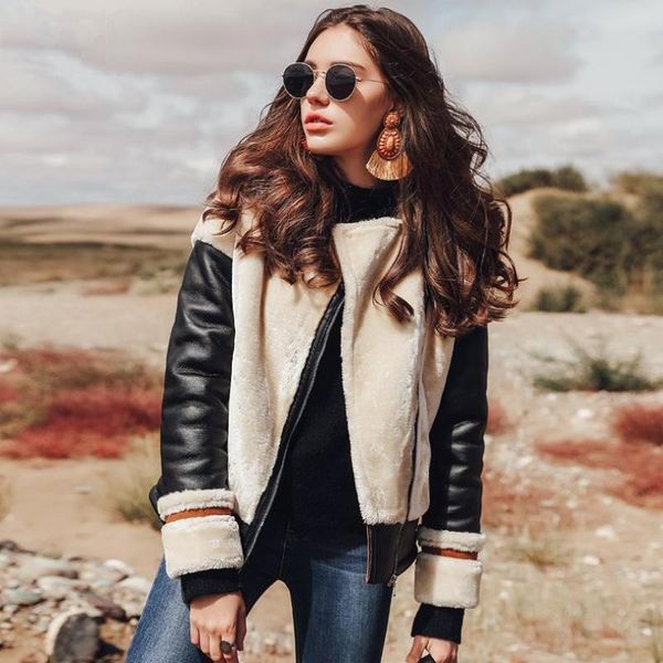 women's fur & faux winter jacket coat patchwork thicken warm pu leather motorcycle female fashion slim outerwear l1658, Black
women's fur & faux winter jacket coat patchwork thicken warm pu leather motorcycle female fashion slim outerwear l1658, Black