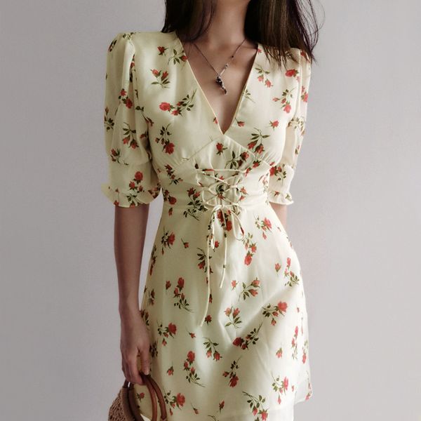 women v neck lace up waist floral print mini dress slightly puffed shoulders, Black
women v neck lace up waist floral print mini dress slightly puffed shoulders, Black