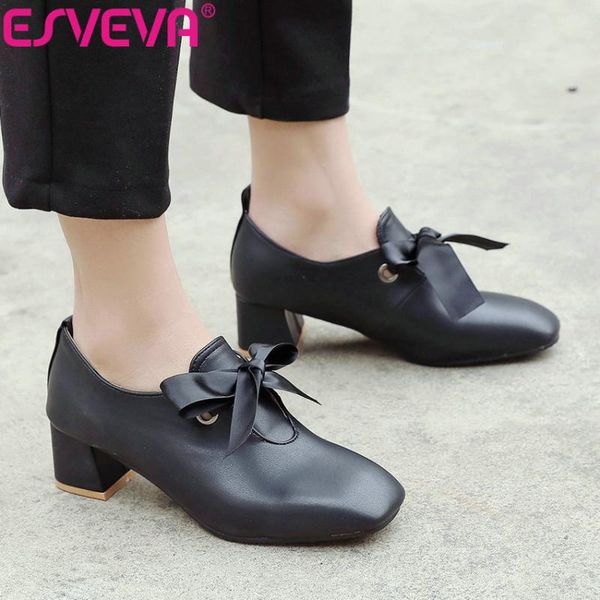 dress shoes esveva 2021 women pumps shallow sweet square toe med heels pu college style sandals size 34-43, Black 
dress shoes esveva 2021 women pumps shallow sweet square toe med heels pu college style sandals size 34-43, Black
