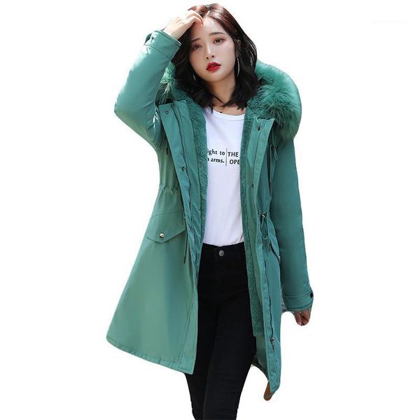 women's down & parkas winter coat women green 2xl plus size loose fur hooded 2021 korean fashion long thick warmth cotton jacket lr8741, Black