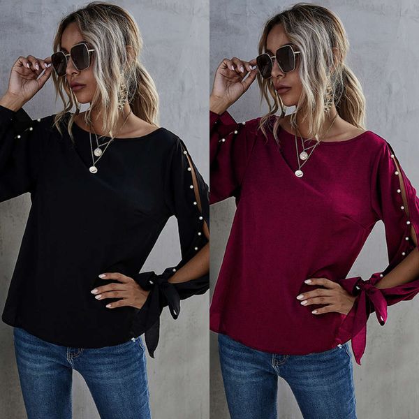 2020 autumn new wear pure color fashion pearl open round neck women's long sleeve, White
2020 autumn new wear pure color fashion pearl open round neck women's long sleeve, White