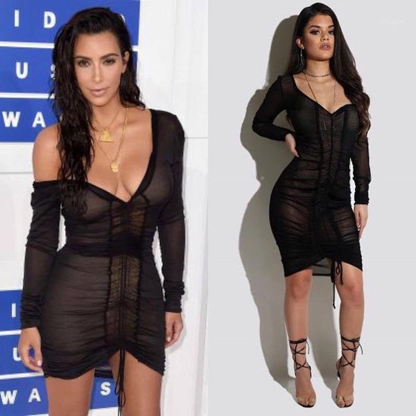 

party dresses wholesale- tsuretobe women summer mesh 2021 fashion long sleeve bodycon kim kardashian dress female patchwork club dress1, White;black