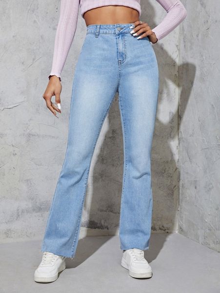 high waist raw cut flare leg jeans q6bi#, Blue