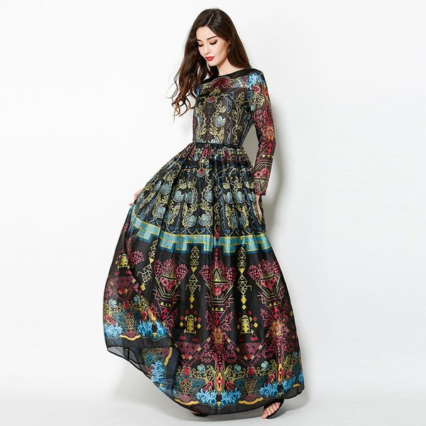 dress high end floral print women's swing evening long dress