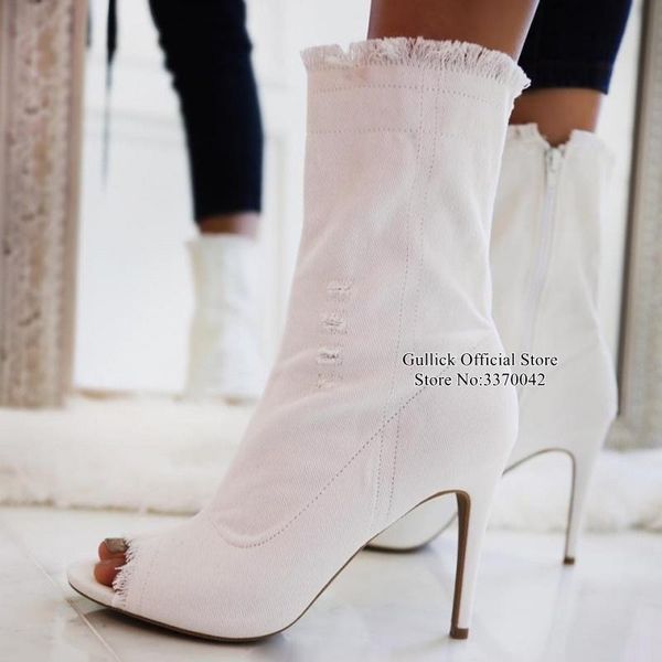 white denim peep toe ankle boots distressed trim peep toe high heel booties stiletto heels party dress shoes drop ship, Black
white denim peep toe ankle boots distressed trim peep toe high heel booties stiletto heels party dress shoes drop ship, Black
