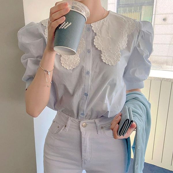 women's blouses & shirts summer puff half sleeve embroidery shirt 2021 office lady elegant sweet blue club party casual womens and blo, White
women's blouses & shirts summer puff half sleeve embroidery shirt 2021 office lady elegant sweet blue club party casual womens and blo, White