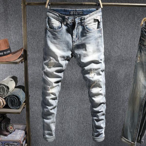 italian style fashion men jeans elastic slim fit ripped denim pencil pants streetwear retro light blue hip hop long trousers
italian style fashion men jeans elastic slim fit ripped denim pencil pants streetwear retro light blue hip hop long trousers