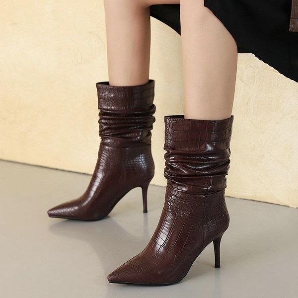 women fashion pleated ankle boots faux leather crocodile print boots ladies thin heel pointed toe autumn winter calf, Black
women fashion pleated ankle boots faux leather crocodile print boots ladies thin heel pointed toe autumn winter calf, Black