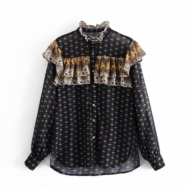 2021 new women cascading ruffles shirts fashion ladies chiffon print streetwear female stand collar blouse 31g7, White 
2021 new women cascading ruffles shirts fashion ladies chiffon print streetwear female stand collar blouse 31g7, White