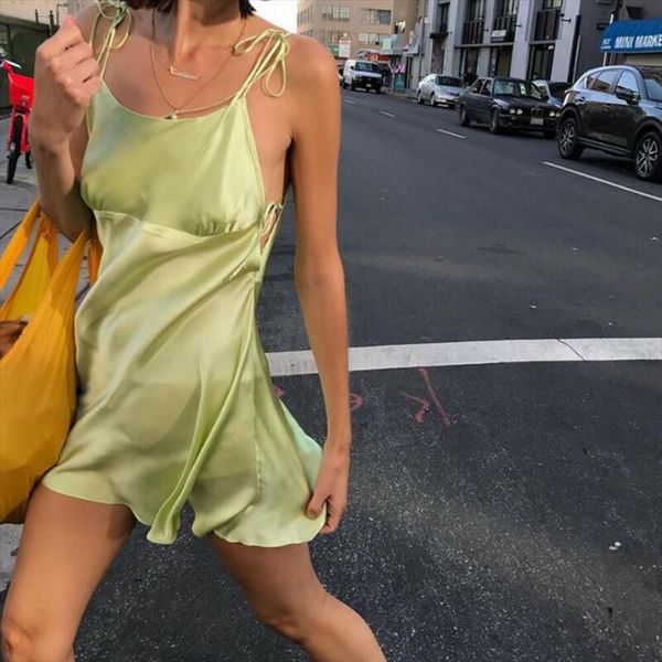 women spaghetti strap satin sleeveless mini dress sling smooth bodycon dress evening party green short 2colors, Black;gray
women spaghetti strap satin sleeveless mini dress sling smooth bodycon dress evening party green short 2colors, Black;gray