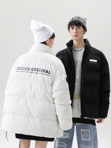 men 1pc slogan graphic puff winter coat 97av#, Black;brown
