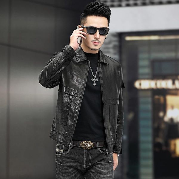 autumn new leather coat men's haining sheep skin lapel urban casual leather jacket jacket handsome youth trend, Black
autumn new leather coat men's haining sheep skin lapel urban casual leather jacket jacket handsome youth trend, Black