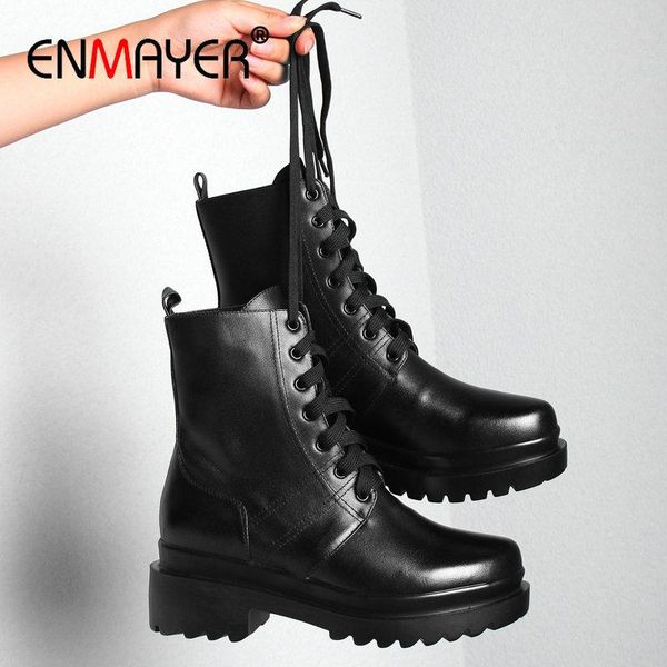 boots enmayer 2021 cool platform lace-up genuine leather women shoes square heel round toe, Black