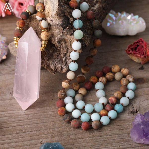 natural pink quartz double point pendant 8mm matted amzonite gold line howlite beads knot handmade necklace women yoga jewelry, Silver
natural pink quartz double point pendant 8mm matted amzonite gold line howlite beads knot handmade necklace women yoga jewelry, Silver