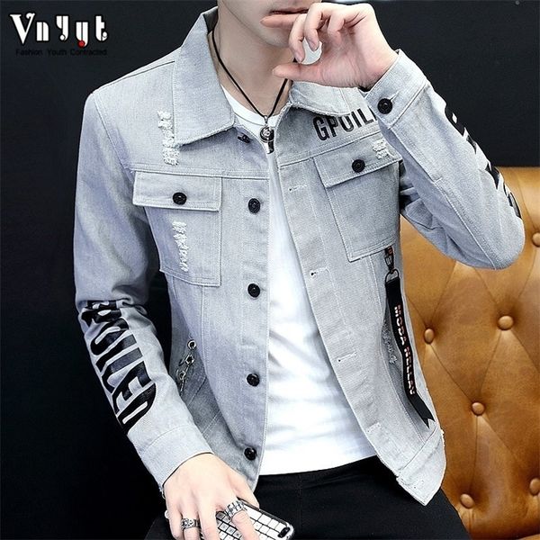 men's ripped hole denim jacket spring autumn ribbon white/grey/red trendy slim washing printed men clothes korean thin coat 201103, Black;brown
men's ripped hole denim jacket spring autumn ribbon white/grey/red trendy slim washing printed men clothes korean thin coat 201103, Black;brown