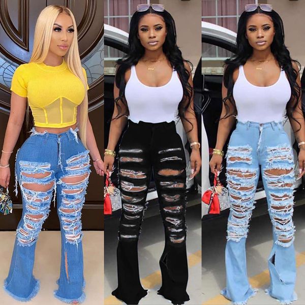 2020 high waist jeans with holes women's fashion flared pants, Blue