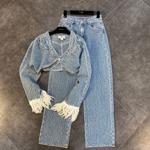 2020 autumn v-neck fringe long-sleeved color matching short coat and high-waisted wide-leg pants denim suit ing, White
2020 autumn v-neck fringe long-sleeved color matching short coat and high-waisted wide-leg pants denim suit ing, White