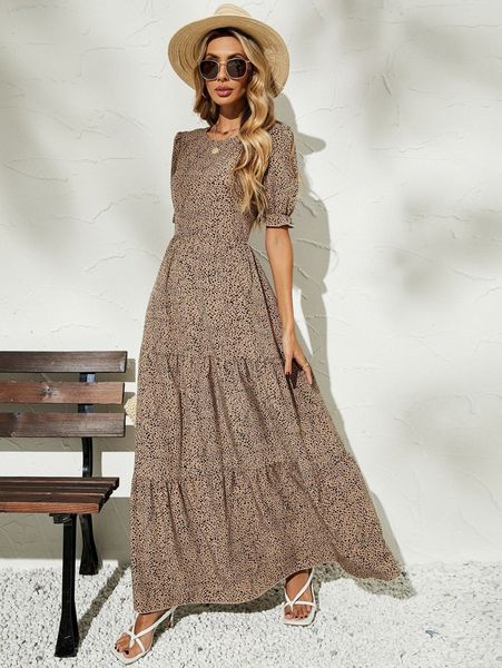 dalmatian print puff sleeve ruffle hem dress 28ah#, Black;gray 
dalmatian print puff sleeve ruffle hem dress 28ah#, Black;gray