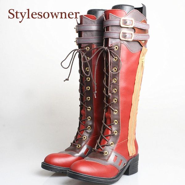 retro cow leather woman long-tube boots thick-heel lace-up buckle strap mixed color casual boots fashion designer winter shoes, Black
retro cow leather woman long-tube boots thick-heel lace-up buckle strap mixed color casual boots fashion designer winter shoes, Black