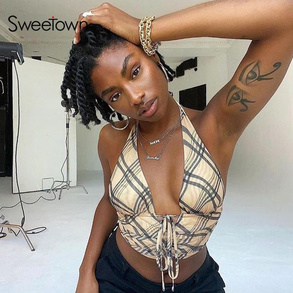 women's tanks & camis sweetown curve striped cute crop v neck rave party clubwear backless lace up halter female y2k beachwear, White
women's tanks & camis sweetown curve striped cute crop v neck rave party clubwear backless lace up halter female y2k beachwear, White