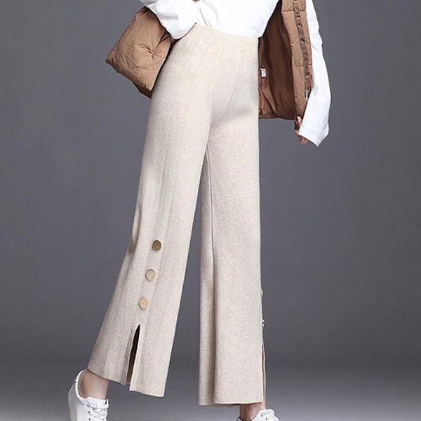 autumn knitted split women's cropped pants high waist button female pant new solid simple streetwear casual loose ladies bottom, Black;white
autumn knitted split women's cropped pants high waist button female pant new solid simple streetwear casual loose ladies bottom, Black;white