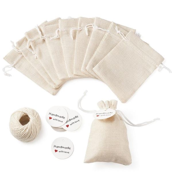 1set Burlap Packing Pouches Drawstring Bags With Jewelry Display Kraft Paper Price Tags And Hemp Cord Twine String For Sqcbdx