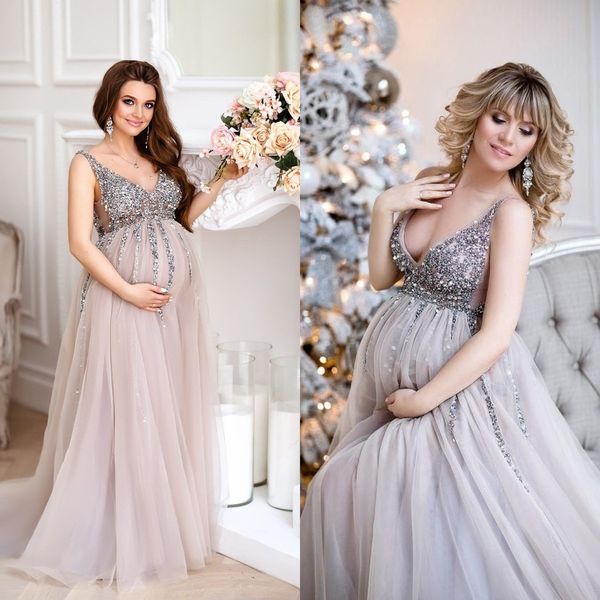 v neck tulle prom dresses 2022 beading sequins maternity pshoot dress sheer tiered long robes custom made, Black
v neck tulle prom dresses 2022 beading sequins maternity pshoot dress sheer tiered long robes custom made, Black