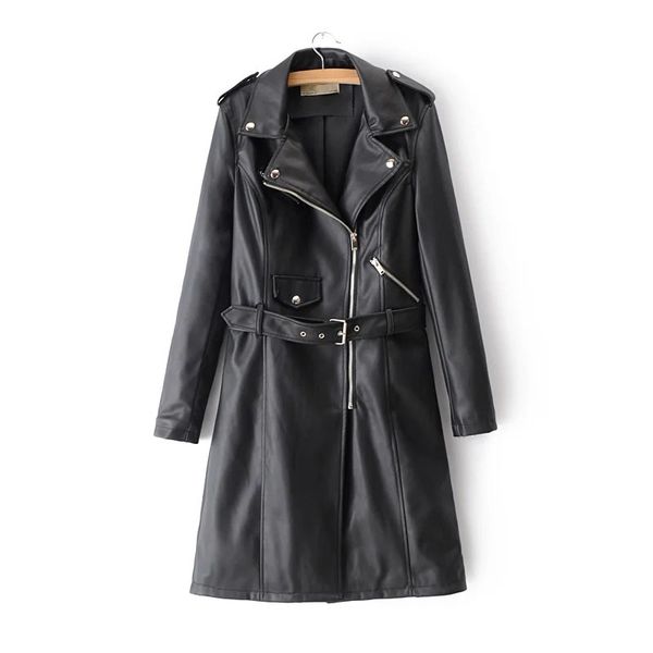 2021 new autumn fashion women with belt long leather jackets zippers rivet female pockets pu jacket coats outerwear yd9v, Black 
2021 new autumn fashion women with belt long leather jackets zippers rivet female pockets pu jacket coats outerwear yd9v, Black