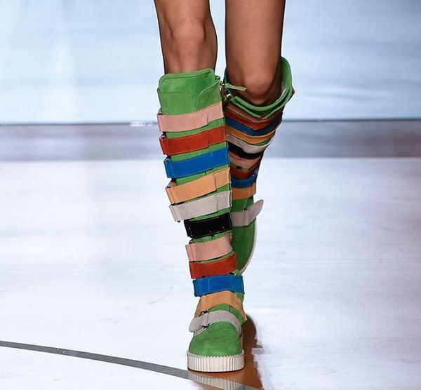 women runway mixed colors belt strappy buckled magic tape knee high boots autumn thick sole flats round toe catwork multi boots, Black
women runway mixed colors belt strappy buckled magic tape knee high boots autumn thick sole flats round toe catwork multi boots, Black