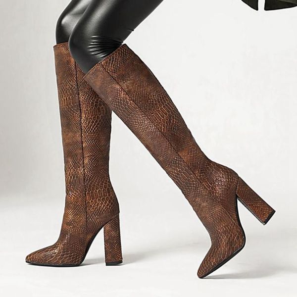 brand new snake veins square high heels riding boots knee high winter shoes women female boots, Black