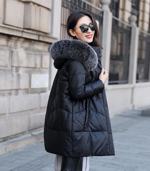 women's leather & faux genuine down jacket woman hooded winter fur collar real sheepskin coat korean jackets zm-817 kj3143, Black
women's leather & faux genuine down jacket woman hooded winter fur collar real sheepskin coat korean jackets zm-817 kj3143, Black