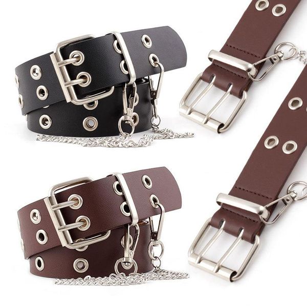 women leather pin buckle double row hole eyelet waistband chain decorative belt, Black;brown
women leather pin buckle double row hole eyelet waistband chain decorative belt, Black;brown