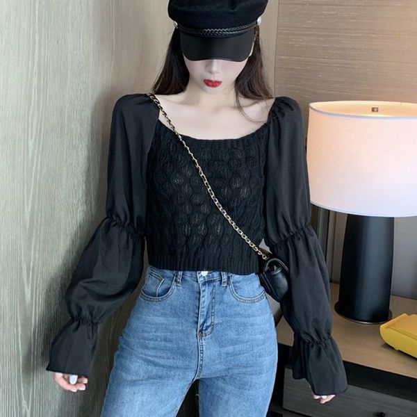 women's blouses & shirts women sweet blouse autumn solid color slash neck knitted patchwork flared long sleeve chiffon casual, White
women's blouses & shirts women sweet blouse autumn solid color slash neck knitted patchwork flared long sleeve chiffon casual, White