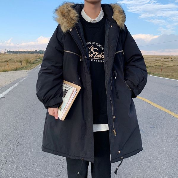 winter long coat men's parka warm fashion casual fur collar hooded coat men overcoat cotton thick oversize down jacket mens, Black 
winter long coat men's parka warm fashion casual fur collar hooded coat men overcoat cotton thick oversize down jacket mens, Black
