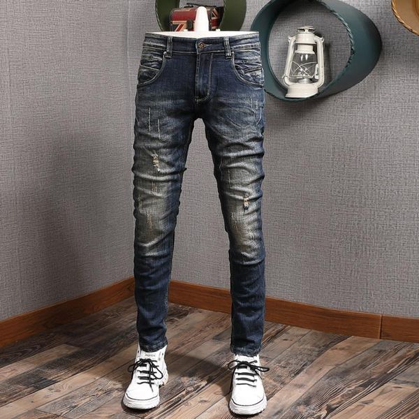 italian fashion men jeans retro vintage designer slim fit hip hop ripped trousers streetwear spliced biker pants, Blue
italian fashion men jeans retro vintage designer slim fit hip hop ripped trousers streetwear spliced biker pants, Blue