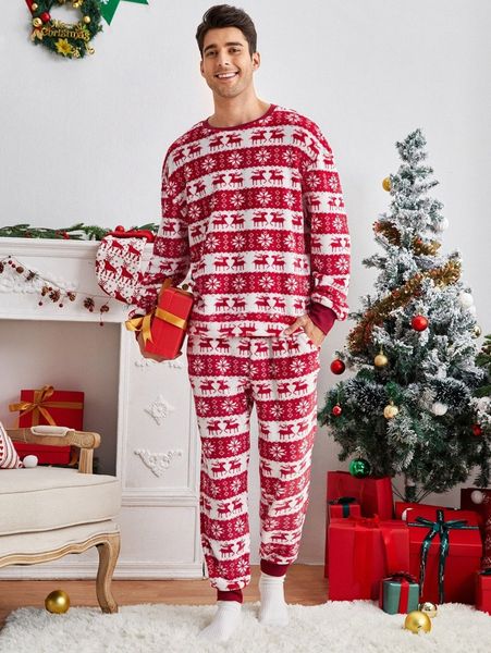 men christmas elk & geo pattern flannel pullover & joggers 96h6#, Gray