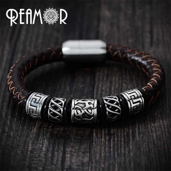 reamor trendy men black leather bracelet 316l stainless steel viking bead bracelets with strong magnet clasp 17-21cm y200730
reamor trendy men black leather bracelet 316l stainless steel viking bead bracelets with strong magnet clasp 17-21cm y200730