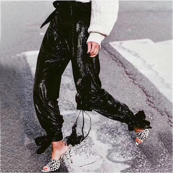 street style patchwork sequined womens spat 2020 autumn new high waist lace up slim fit trousers for women, Black;white
street style patchwork sequined womens spat 2020 autumn new high waist lace up slim fit trousers for women, Black;white